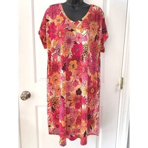 SPLA brand red/orange/pink/yellow flower print short sleeve dress
